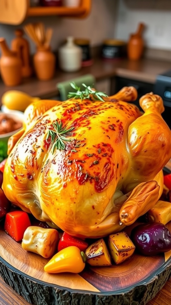 Crispy Air Fryer Whole Chicken Recipe A crispy whole chicken from the air fryer, garnished with herbs and surrounded by roasted vegetables.